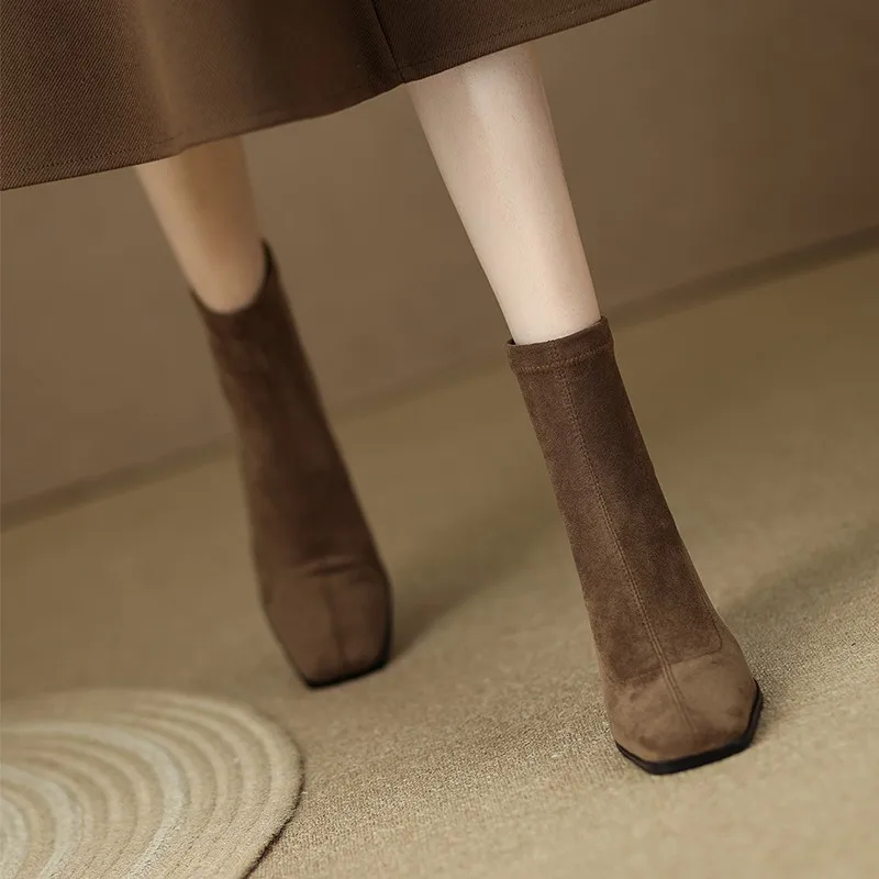 

Sexy High Heels Ankle Boots Women 2022 Winter New Fashion Zip Squrre Toe Stretch Flock Sock Boots Women Zapatos De Mujer