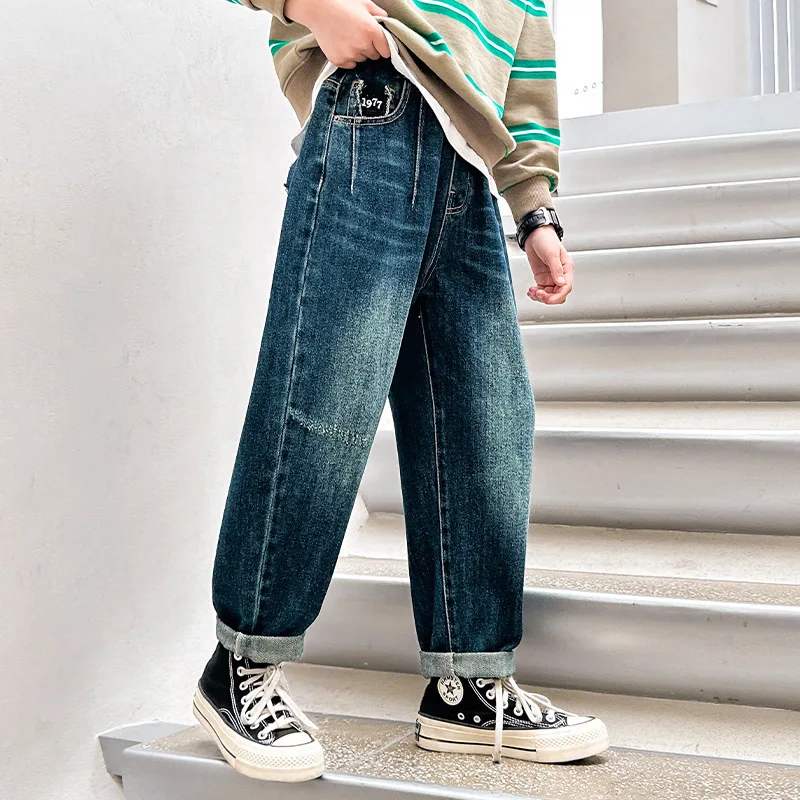 Джинсы для подростков однотонные мешковатые брюки из денима с эластичным поясом
