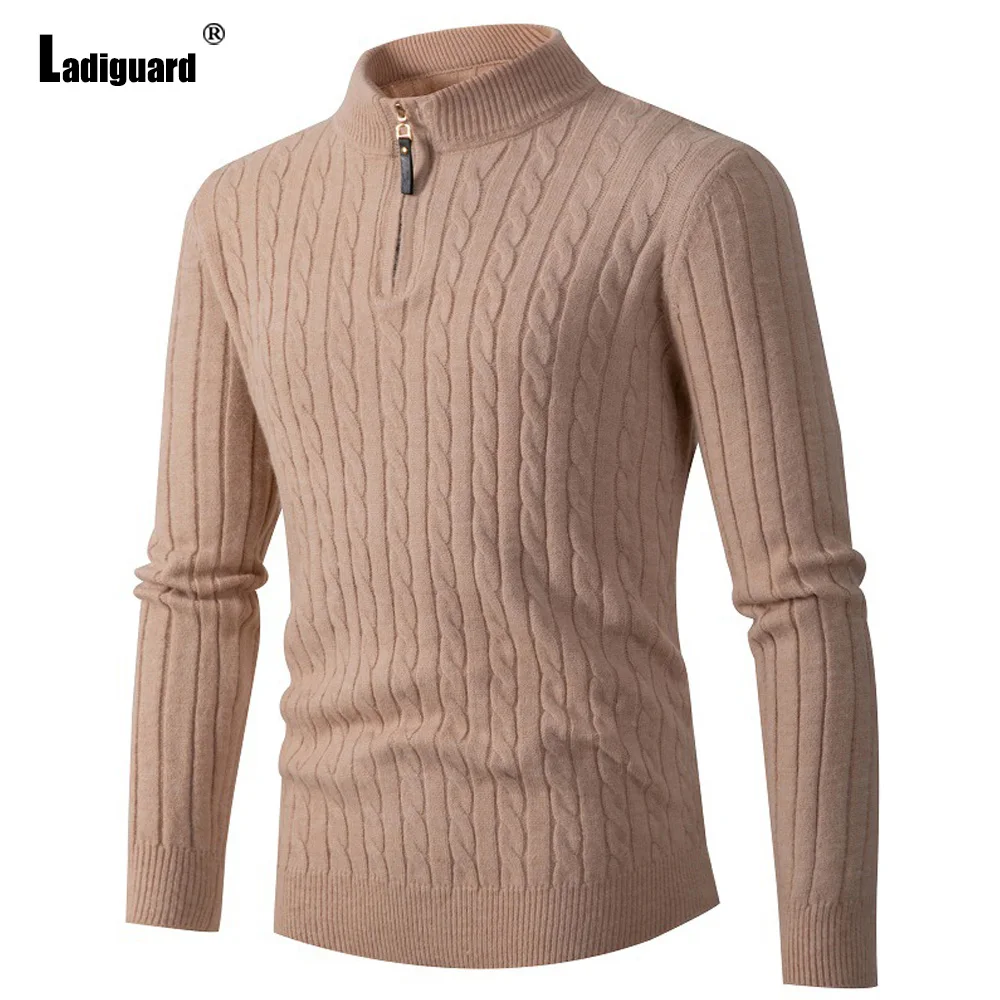 Ladiguard 2022 New Knitting Sweater Men's Casual Knitwear Winter Warm Jumpers Khaki Grey Ruched Top Pullovers Mock Neck Sweaters