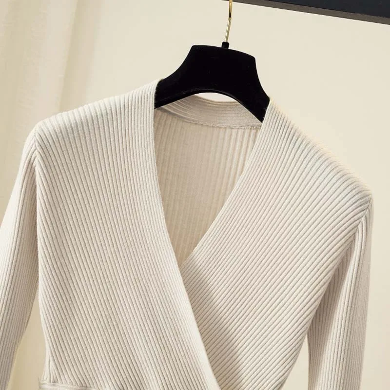 Winter Women Solid Knitted Sweater Pullovers Sexy V-Neck Apricot Black White Mujer Tops Ladies Long Sleeve Sweet Slim Jumper | Женская