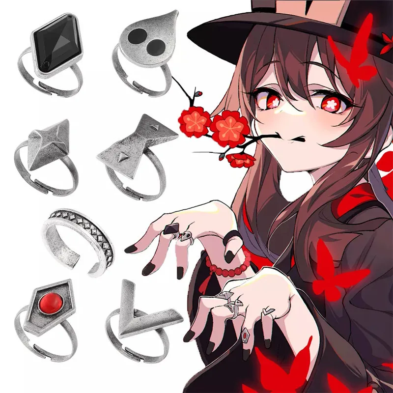 

7Pcs Genshin Impact Adjustable Rings Hu Tao Cosplay Props Nine Pillars of Secret Repentance Rings Set Gift Jewelry Vintage