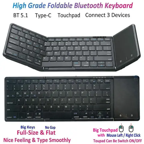 BT 5.1 беспроводная полноразмерная складная клавиатура с тачпадом для Windows Android ios mac компьютера планшета ПК телефона и т. д.
