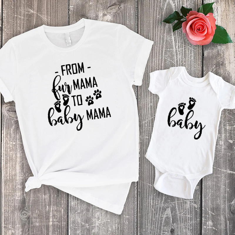 

From Fur Mama To Baby Mama Shirt 2021 Pregnancy Tshirt Baby Announcement New Mom Gifts Mommy and Me T-Shirts Cotton M