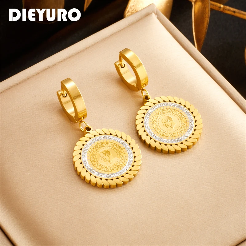 

DIEYURO 316L Stainless Steel Round Portrait Charm Earrings For Women Girl New Trend Ear Buckle Waterproof Jewelry Gift Party