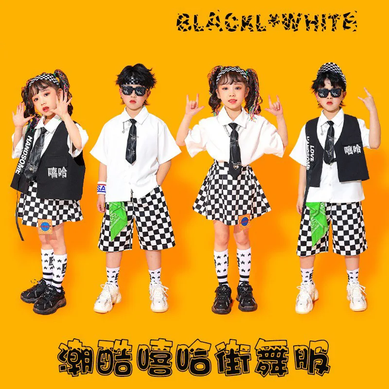 

Одежда для девочек, одежда для чарлидинга, белая рубашка, клетчатая юбка, одежда для джазовых танцев, детская праздничная одежда, костюм для подиума, шоу, сцены