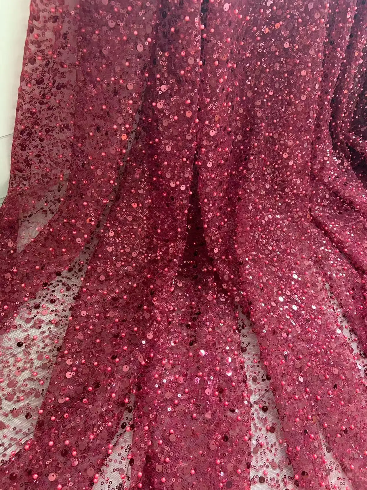 Винно-красные блестки жемчужные бусины тюль кружевная ткань для Haute Couture