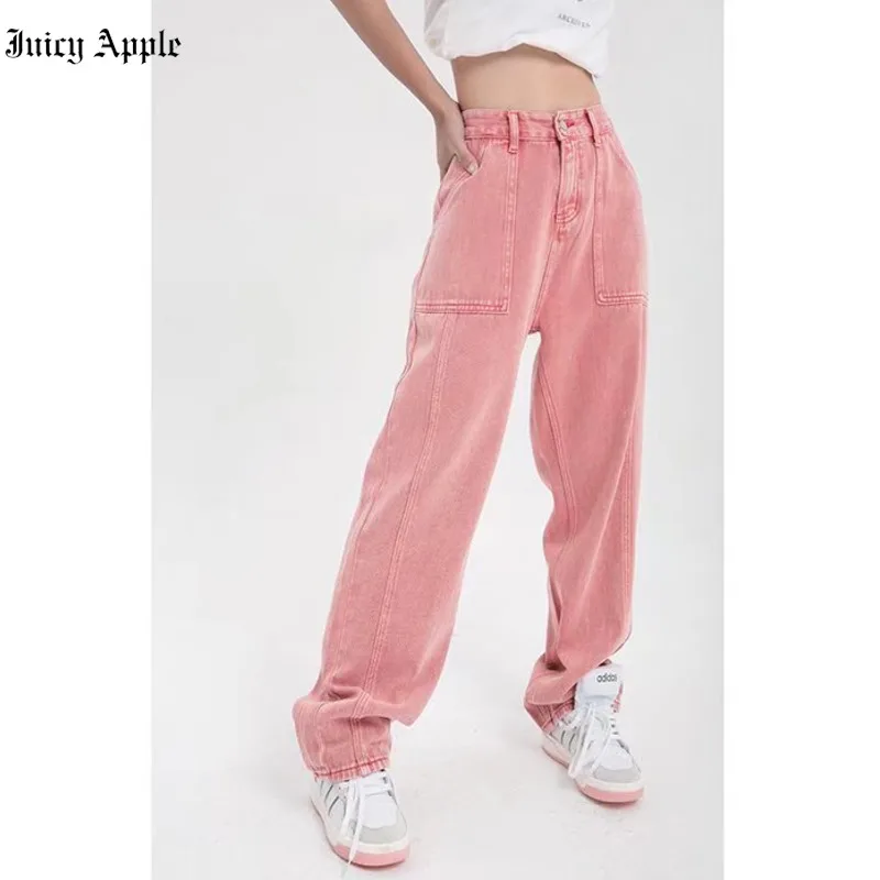 Juicy Apple Women Jeans Vintage y2k High Waist Streetwear Fashion Summer Loose Straight Jean Pants Baggy Wide Leg Denim Trousers
