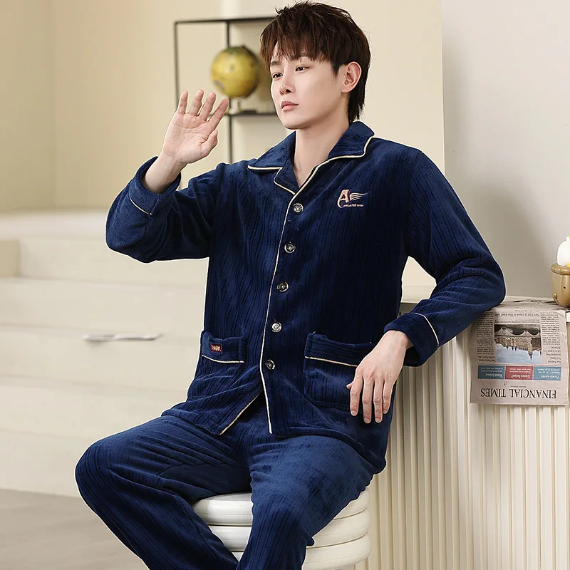 QUHENG Pajamas for Man Set Flannel 2022 Winter Plus Size Pijamas Pocket Buttons 2 Pieces Home Clothes Suits Pyjama Sleepwear