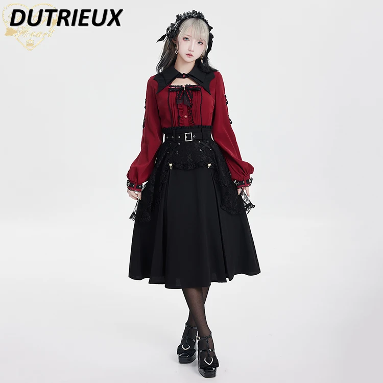 

Japanese Lace Drill Buckle Belt Waist-Tight Double Black Skirt Women's Halloween Lace Pleated Long Skirt Autumn New Falda Mujer