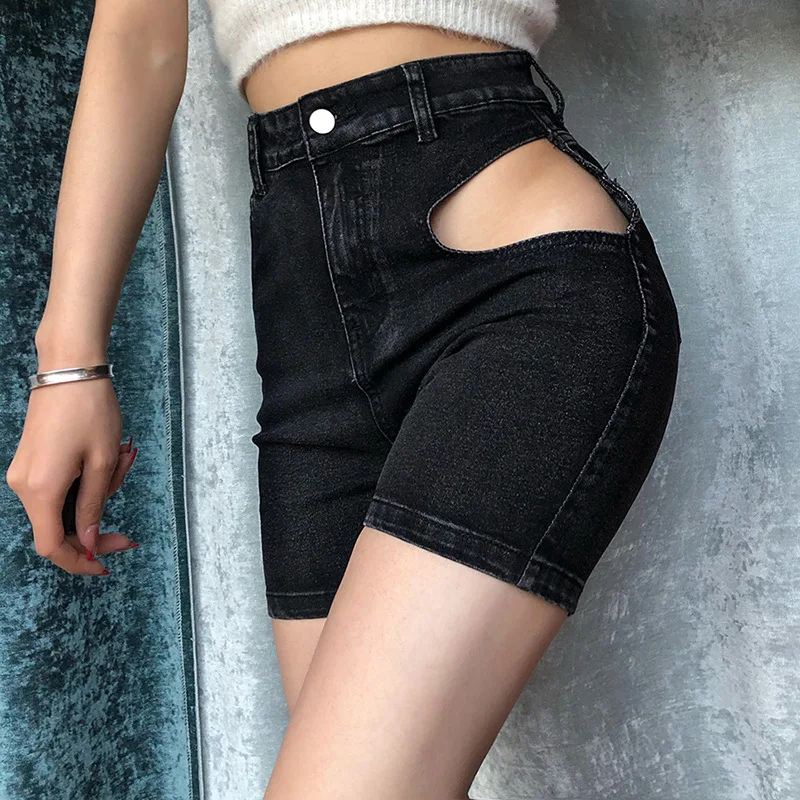 Black High Waist Straight Tube Hollow Bag Hip Denim Shorts Female Slim Fit Women Casual Streetwear Denim Shorts Female Fashion
