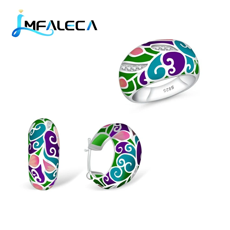 Pure Silver 925 Earrings Ring Sets for Sex Women Shiny Multicolor Enamel Decoration Fine Round Party Gift Jewelry