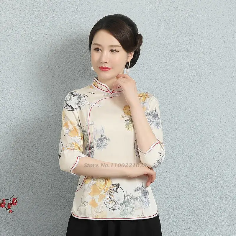 

2023 vintage flower print blouse chinese cheongsam tops woman qipao shirts tea service hanfu shirts oriental tang suit blouse