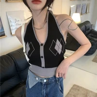 women plaid crop tops knitted strappy camis girl buttons camisole top sleeveless tees 2022 spring summer camis ladies tank top