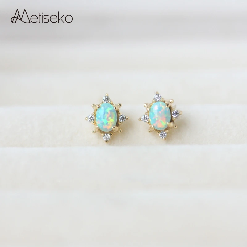 Metiseko 925 Sterling Silver Stud Earrings Inlaid with Artificial Opal Cubic Zirconia Retro Simple Earrings for Women Party