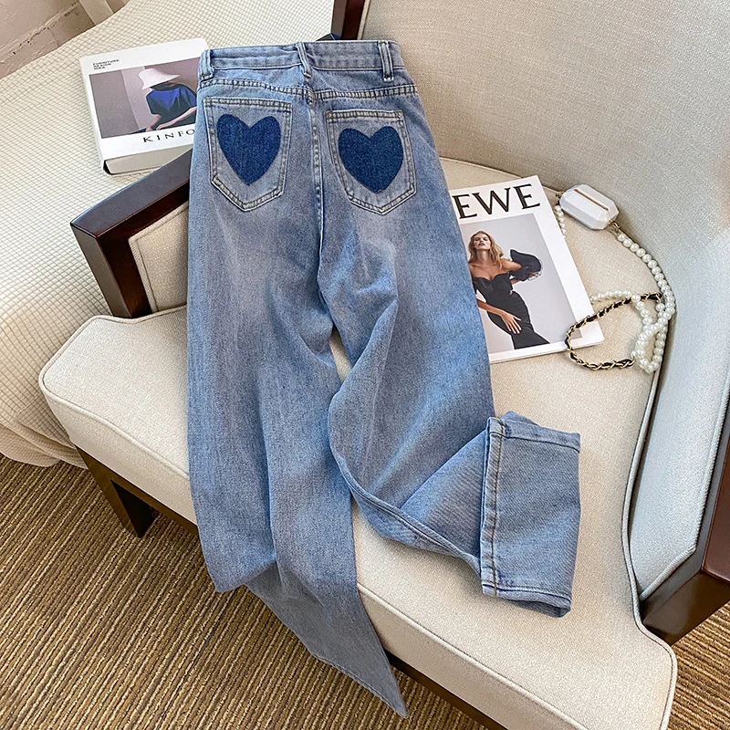 New Loving Heart Patches Jeans Women Blue Loose Straight Denim Pants High Wasit Easy Match Casual Trousers