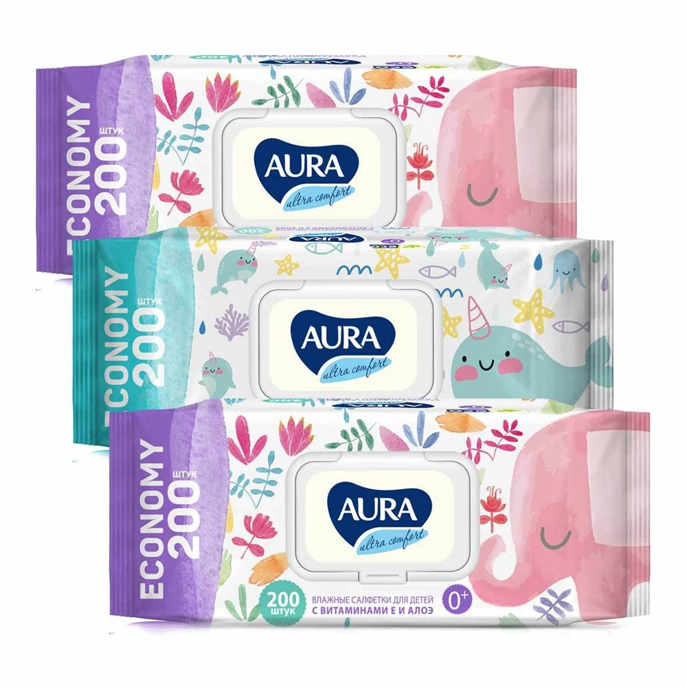 Влажные салфетки детские Aura Ultra Comfort 3 х 200 шт с крышкой 0+ |