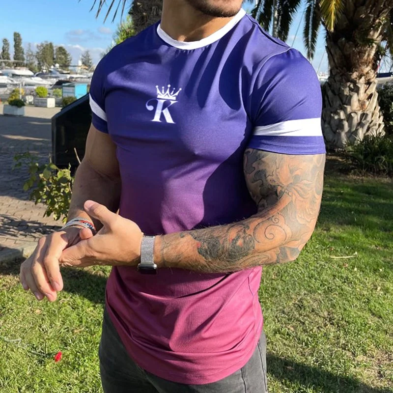 

New Men's Fashion Purple Gradient Crown King Print Casual Slim Short Sleeve T-Shirt 1 Trend Bottoming Shirt TOP