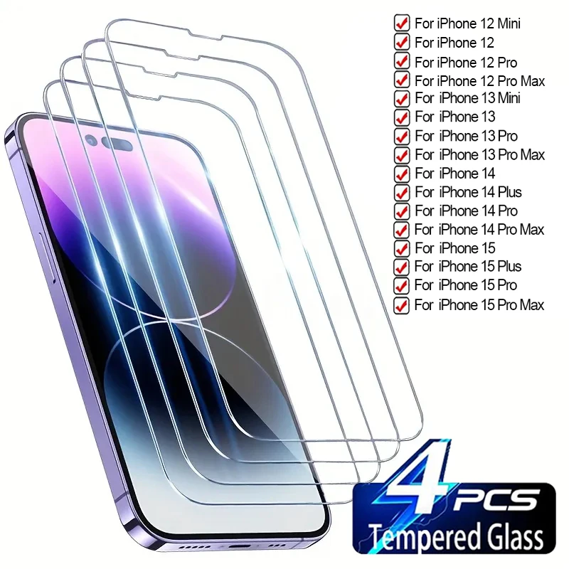 4/1PCS Tempered Glass For iPhone 12 13 Mini 14 15 Plus Pro Max Anti-Scratch Screen Protector Clear Protective Glass Films