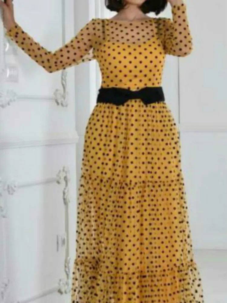 

Transparent Two Piece Outfits Mesh See Through Polka Dot Maxi Dress Waist Belt Spaghetti Strap Robes Female Tunics Big Size 3XL
