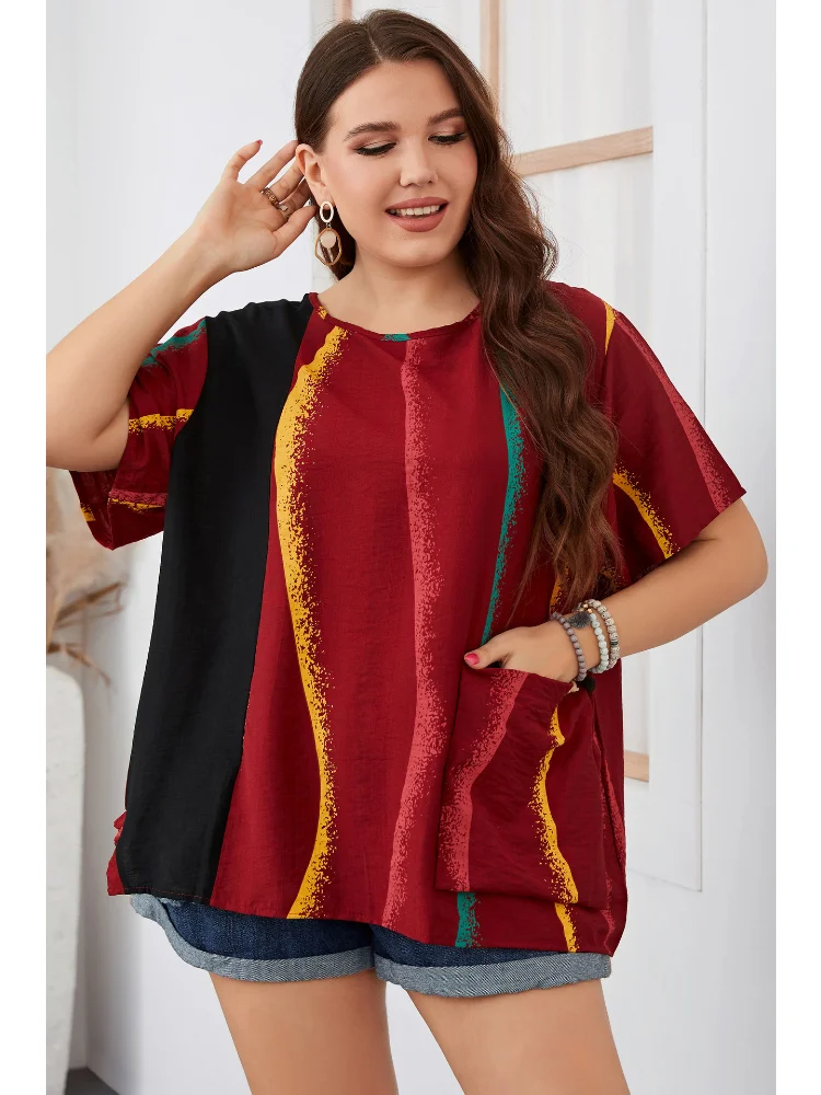 Summer Stripe Contrast Plus Size Women's Shirt Round Neck Women's Dress women tops and bloues  t-shirts