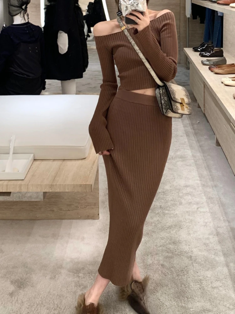 

Winter Knitted Two Piece Set Women Korean Fashion Vintage Slim Midi Skirt Suit Female Casual Designer Sweater Skirt Set 2022