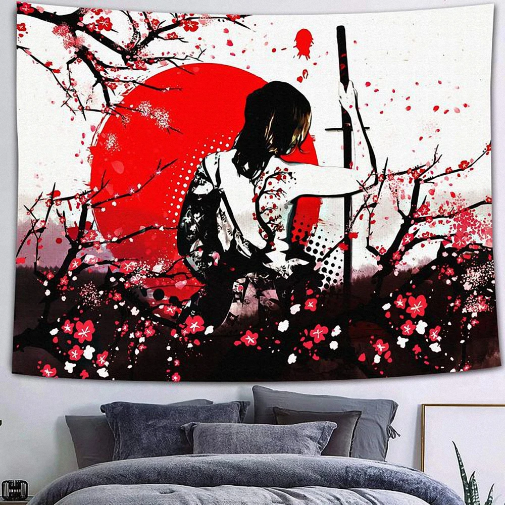 

Japanese Samurai Tapestery Wall Hanging Painting Vintage Ukiyo-e Tattoo Posters Burning Sun Banner Flag Stickers Home Decoration