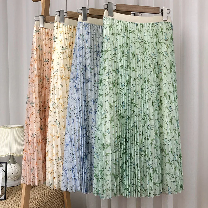 

Korean Floral Skirts Women Clothing 2022 Summer A Line Beach Skirts Woman Elastic High Waist Midi Chiffon Skirt Mujer bd133