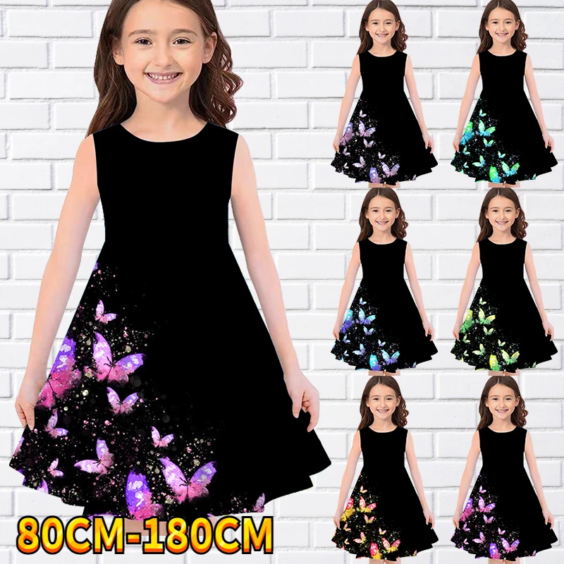 

2022 Kids Little Girls Sleeveless Dress Girls Dress 3D Butterfly Print Daily Casual Cute Sweet Over Knee Party Dress 70-180CM