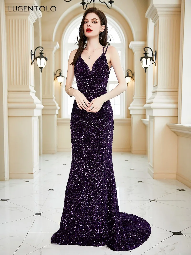 

Lugentolo женское сексуальное платье на бретельках Русалка С Открытой Спиной Блестками женское элегантное банкетное платье в стиле ампир новая фиолетовая ткань