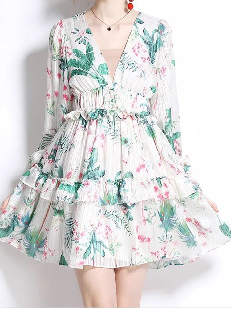 

Elegant V-Neck Chiffon Long Sleeved Dress With Printed Big Swing Dress 2023 New Fashion Women'S Clothing