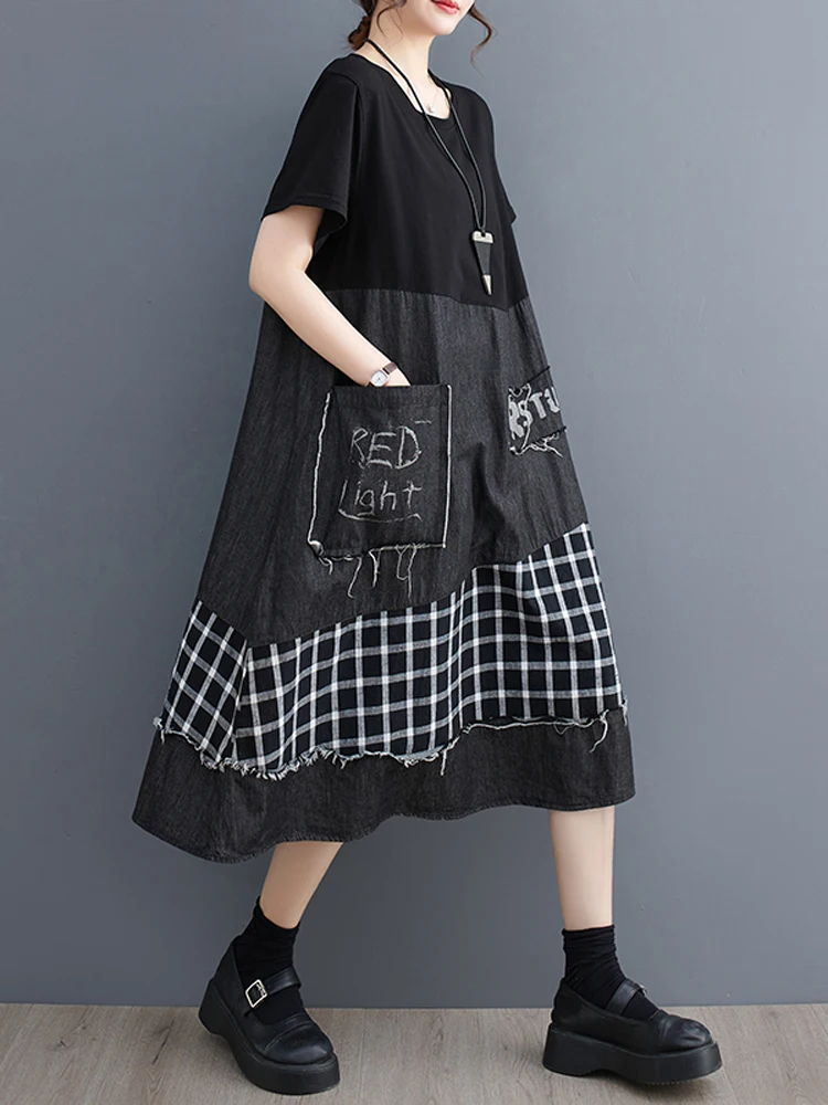 

Женское винтажное джинсовое платье, Свободное длинное платье составного кроя с коротким рукавом и большими карманами, лето 2023