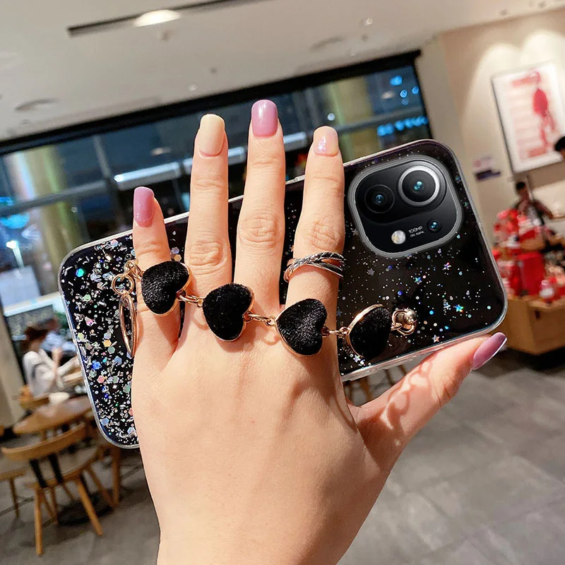 luxury love heart plush bracelet phone case for xiaomi 11lite 9 10 11t poco x3 pro m3 f3 redmi note11s wrist chain silicon cover free global shipping