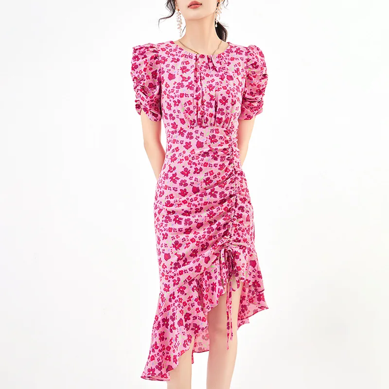 

2023 New French floral dress with slim fit and short sleeves, summer bubble sleeves, medium length fashionable fishtail skirt