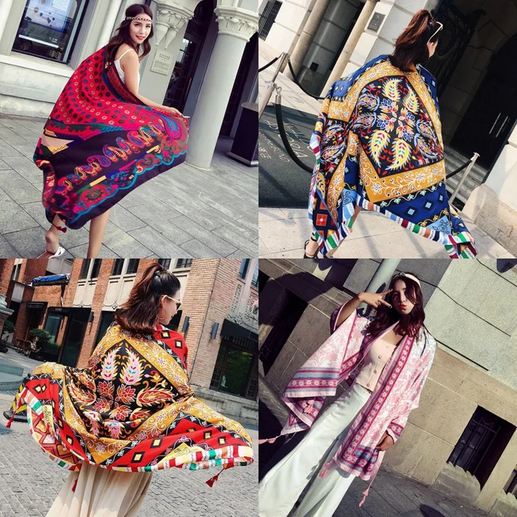 

summer beach travel scarf shawl women Tassel Printing Large Flower luxury Shawl Scarf Seaside Holiday Sunscreen Retro scarf