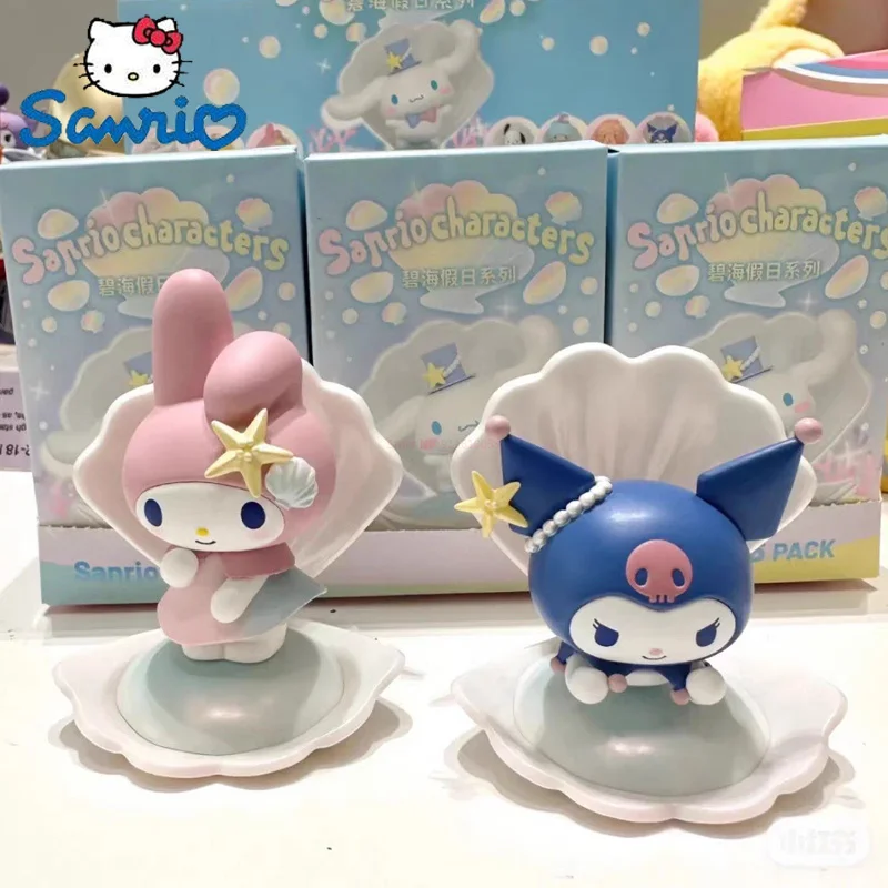 

Sanrio Cartoon Figure Cinnamoroll Mymelody Kuromi Little Twin Stars Action Figurines Blue Sea Holiday Series Model Doll Toy Gift