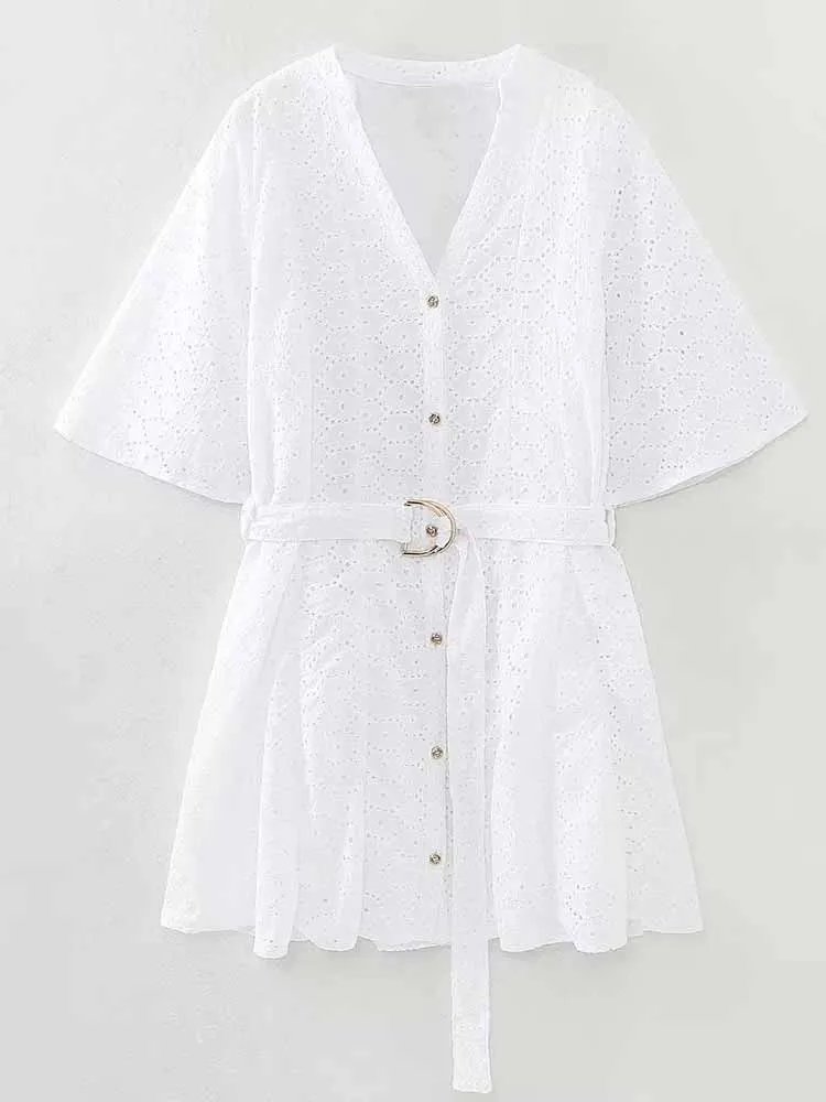 

Женское мини-платье на пуговицах, ажурное платье с вышивкой и поясом, платье с коротким рукавом, новинка 8175/960