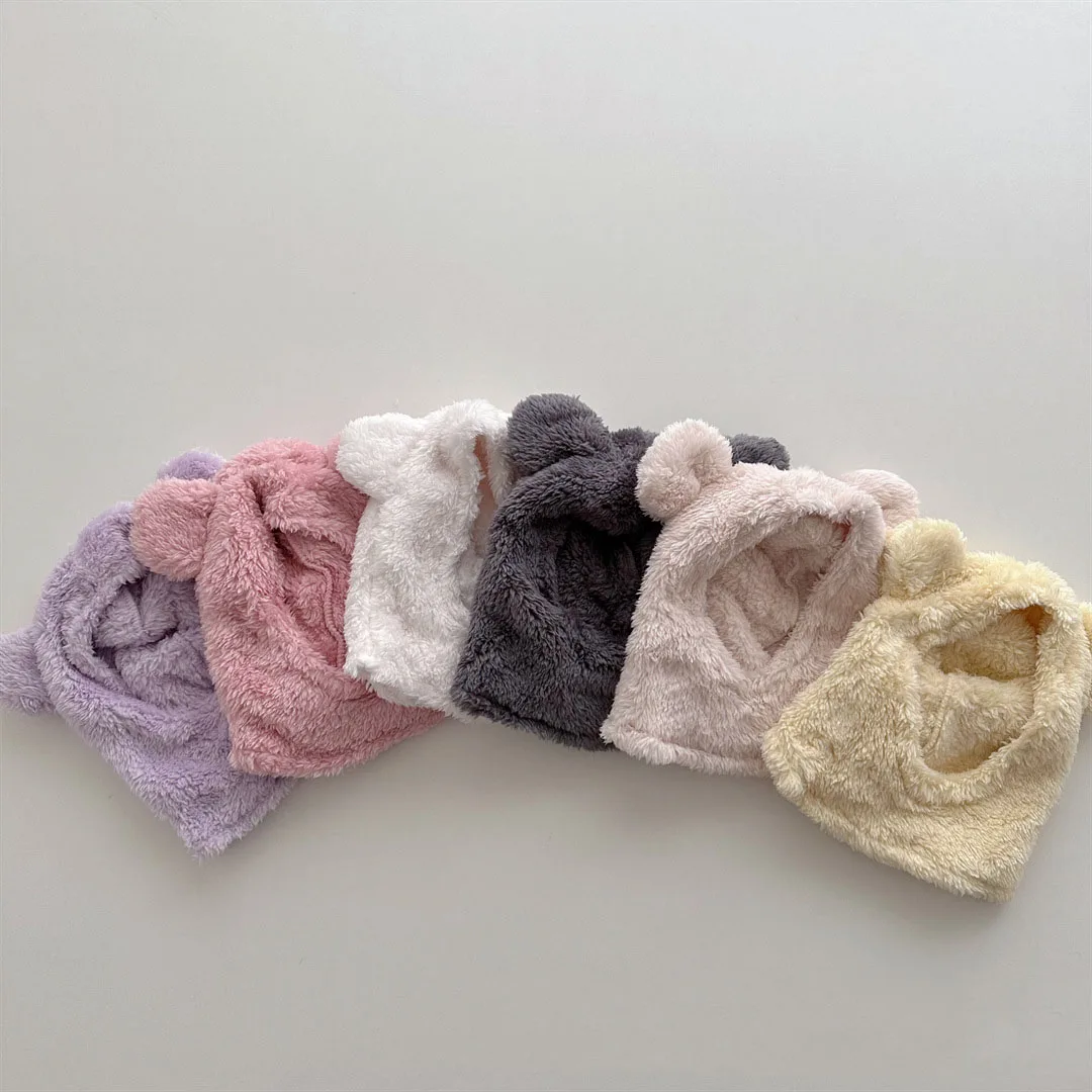 

2022 Winter Plush Baby Beanie Cap Solid Color Ear Protection Warmer Caps Soft Baby Bonnet Cap For Girls Bos Baby Accessories