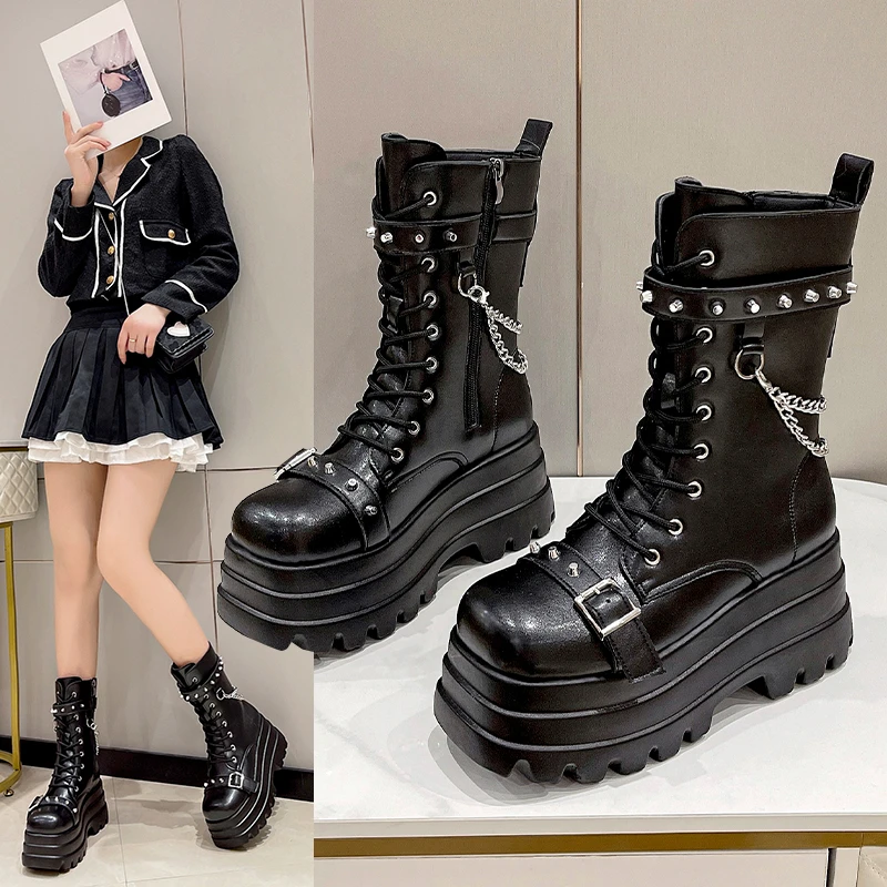 

New Platform Thick Gothic Boots Lady Buckle Autumn Shoes Women Wedges Knee High Shoe Punk Street Cosplay Botas Chain Motorcycle