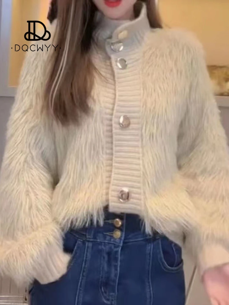 

Autumn Winter Korean Knitted Cardigan Solid Imitation Mink Fleece Stand Collar Loose Versatile Reduced Age Sweater Women's Coat