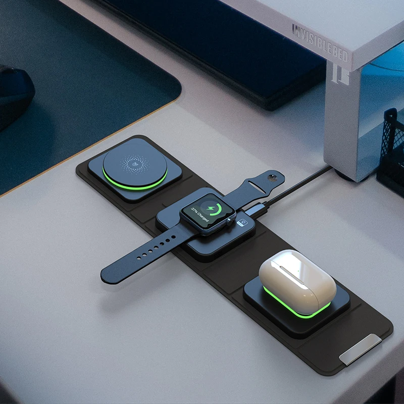 

Беспроводная зарядная станция 3 в 1, беспроводная зарядная док-станция с адаптивным светом, предназначенная для Apple Watch AirPods iPhone до 15 Вт