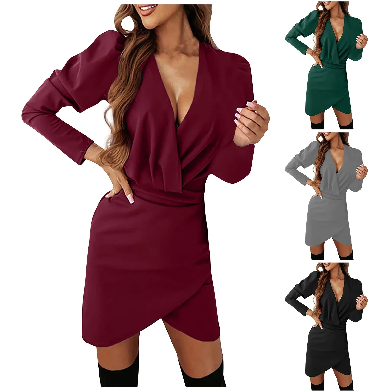 

Party Dresses For Women 2022 V Neck Bag Hip Puff Sleeve Tight Fitting Long Sleeved Dress Autumn Winter Sexy Nightclub Dresses