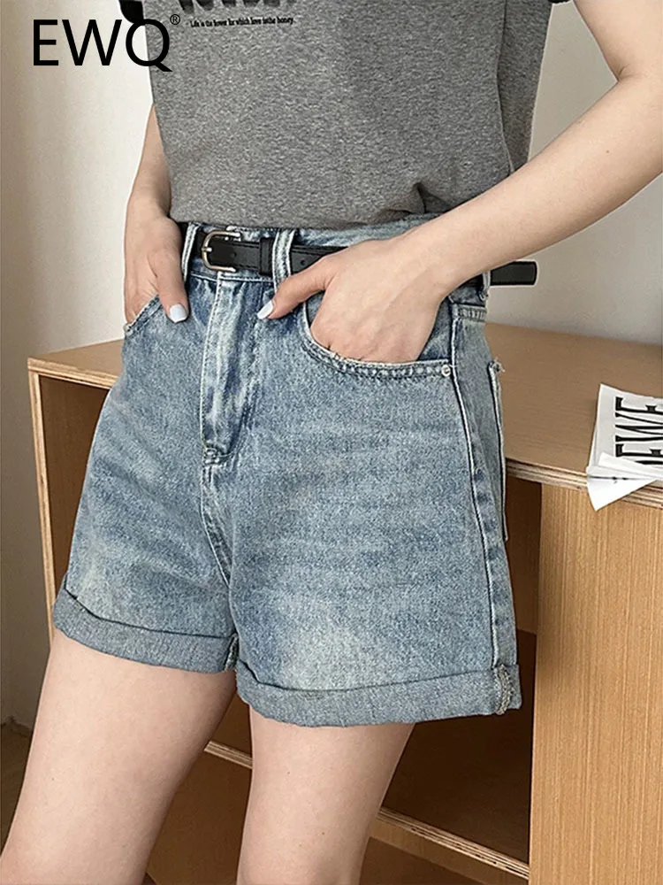 

EWQ Vintage Belt Design Washed Denim Shorts For Women High Waist Loose Wide Leg Pants Female Clothing 2023 Summer New 26D3950