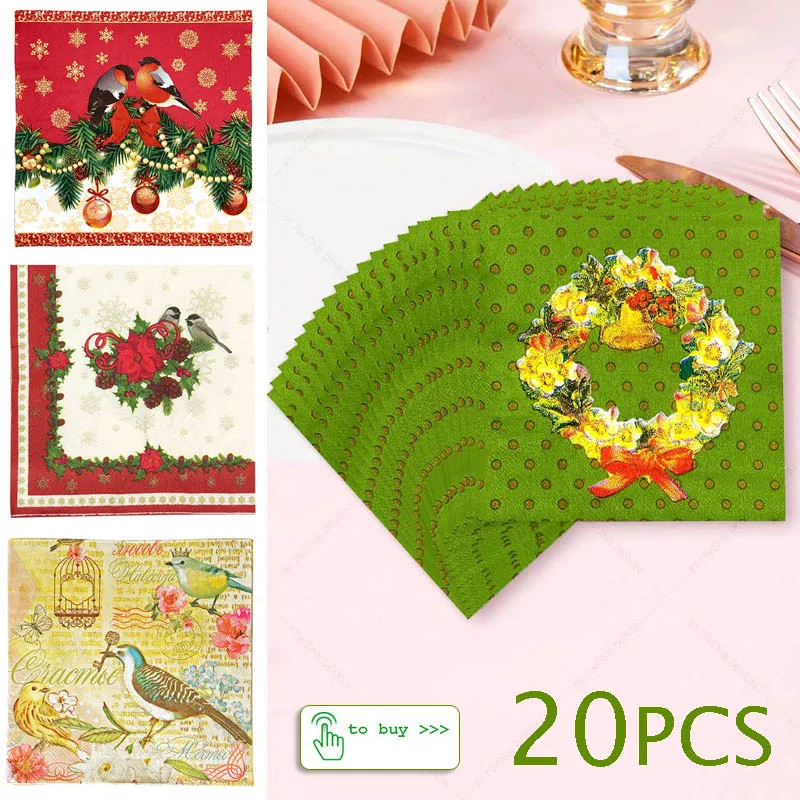 

20PCS Christmas Wreath Bird Vintage Decoupage Napkins Crafts Batch Decopatch Paper Napkins To Make Events Decoration Materials