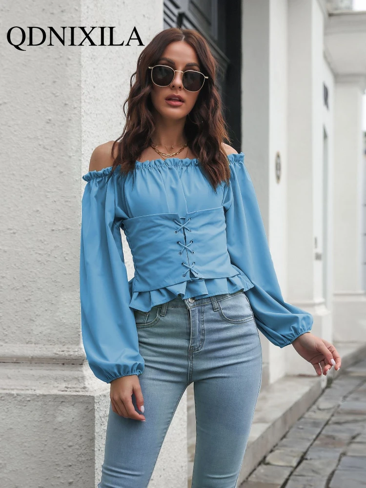 Новая короткая женская блузка с рукавами-фонариками и воротником на талии