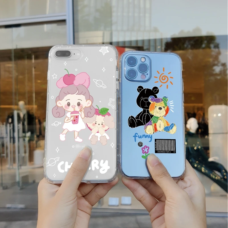 

Cute Cherry Girl Phone Case For iPhone 13 12 11 Pro XS Max 12 Mini 7 8 6s Plus X XR SE2 Case Transparent Soft TPU Cover