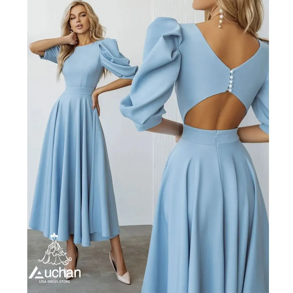 

Auchan Lisa Blue High Neck Prom Evening Dress Ankle Length Three Quarter Summer Elegant Wedding Party Gowns For Women 2023