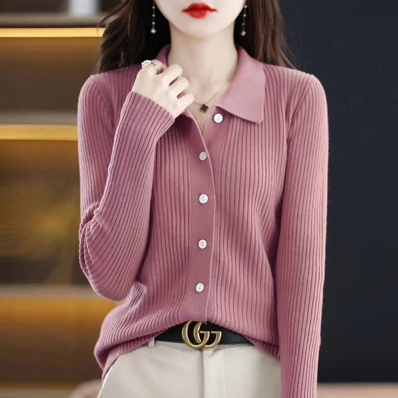 

Selling cardigan Stylish Solid Color Lapel Knitted Button Loose Cardigan Sweater Women Clothing Autumn New Casual Tops All-match