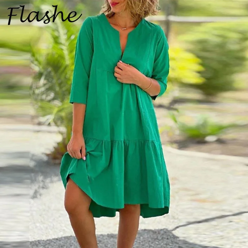 Женское платье с V-образным вырезом свободное однотонное пляжное короткое