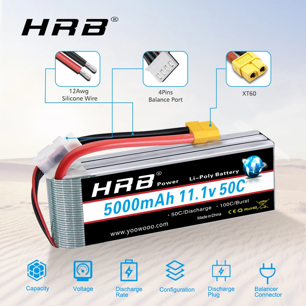 2pcs hrb 3S Lipo Battery 11.1V 5000mah RC 50C with XT60 T EC5 TRX plug for Traxxas Losi Arrma Car Truck Boat Drone Airplane | Игрушки и