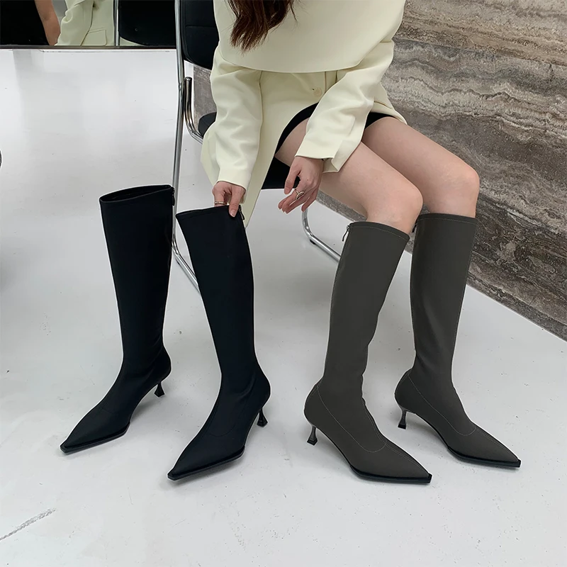 

Туфли-лодочки женские стрейчевые, заостренный носок, молния сзади, высокий тонкий каблук, черные, серые, Размеры 35-39